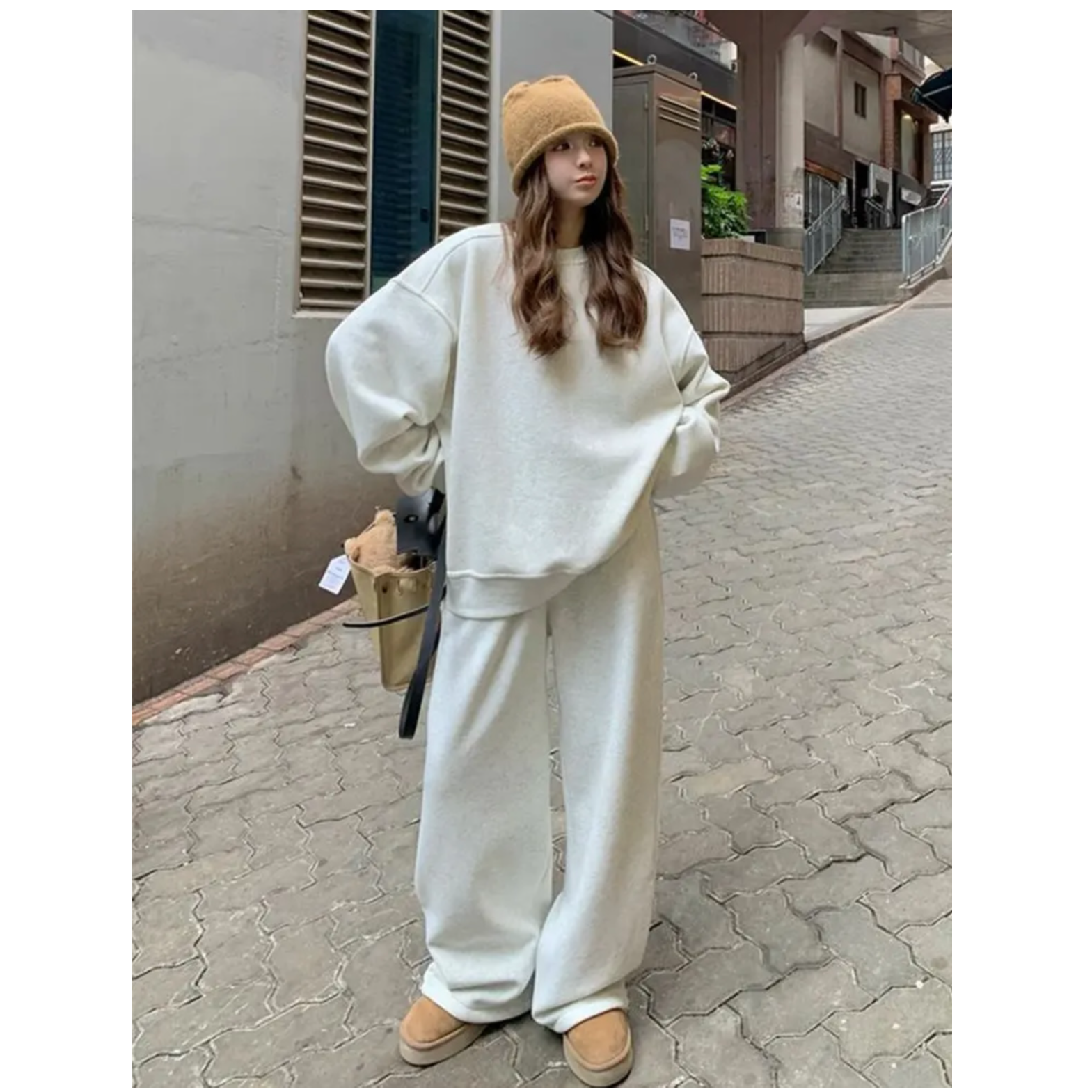 米白色卫衣套装女2024春秋新款加绒休闲宽松bf慵懒风阔腿裤两件套