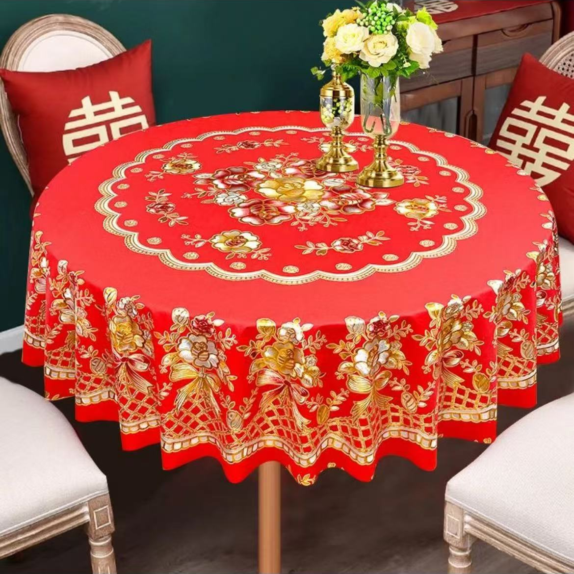 中国红新款加厚防油桌布圆桌桌布防水防油防滑耐高温喜庆桌布免洗