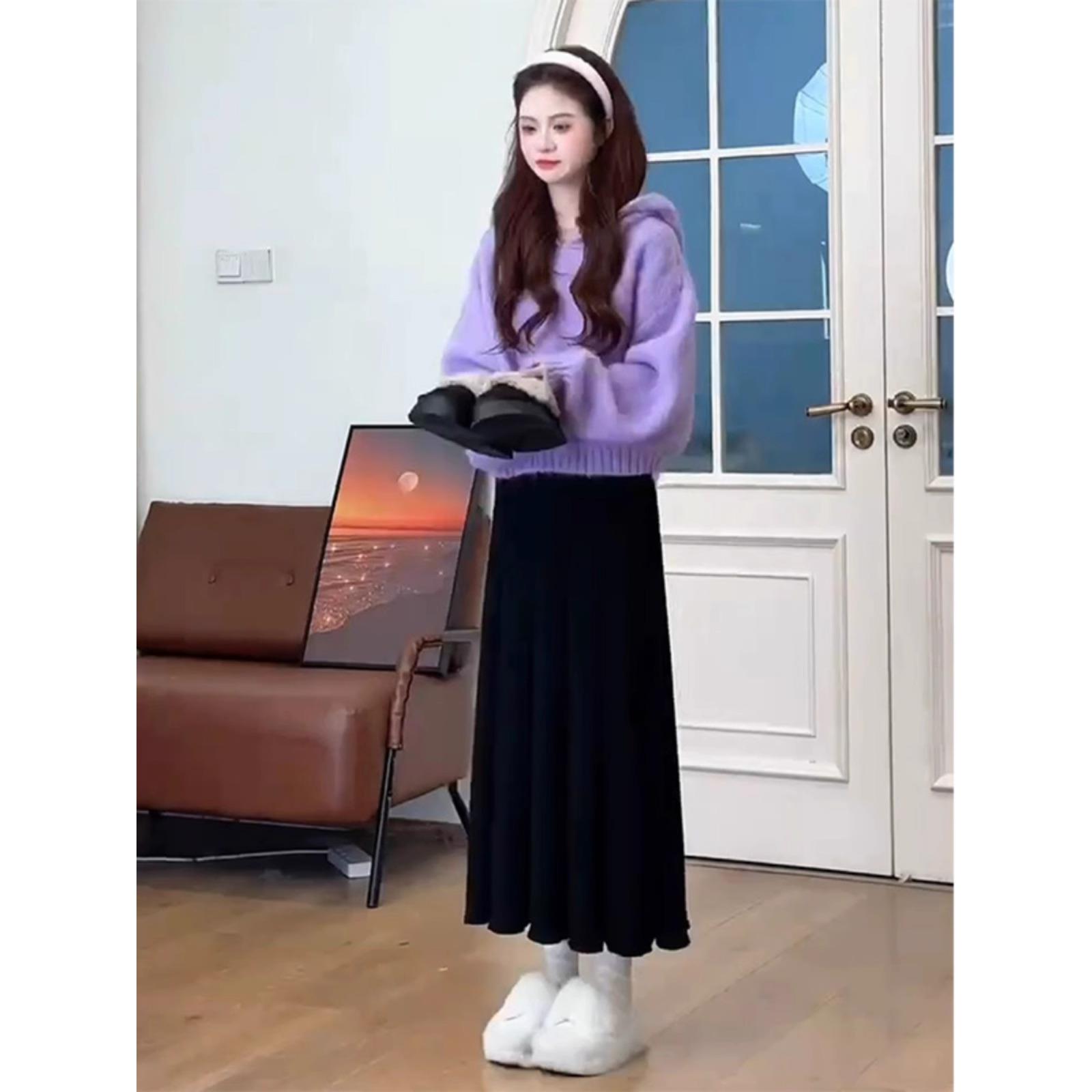 深秋冬装针织衫搭配套装女韩系小香风减龄紫色毛衣半身裙两件套装