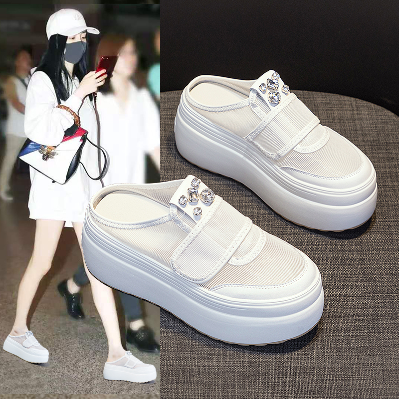 33 34小码小白鞋女半拖8cm厚底小个子增高夏季网面透气懒人一脚蹬