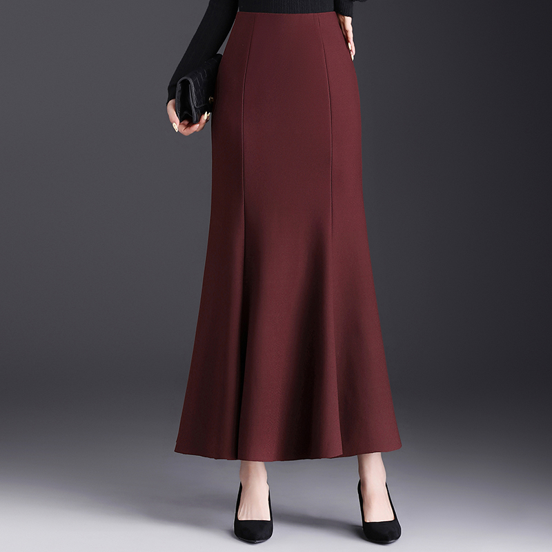 春季秋冬女新款加长款到脚踝气质垂感修身红色鱼尾包臀裙半身长裙