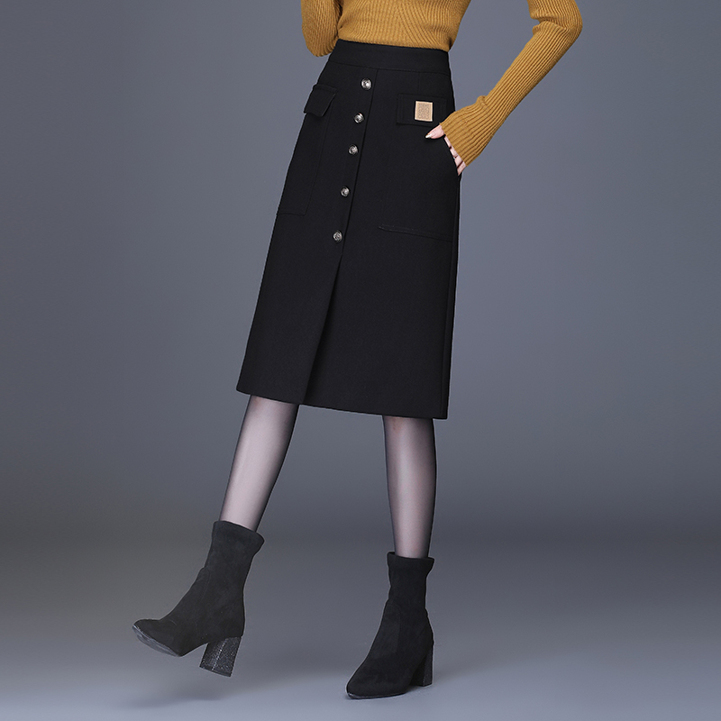 黑色毛呢半身裙女秋冬单排扣高腰包臀裙显瘦中长款a字裙一步裙子