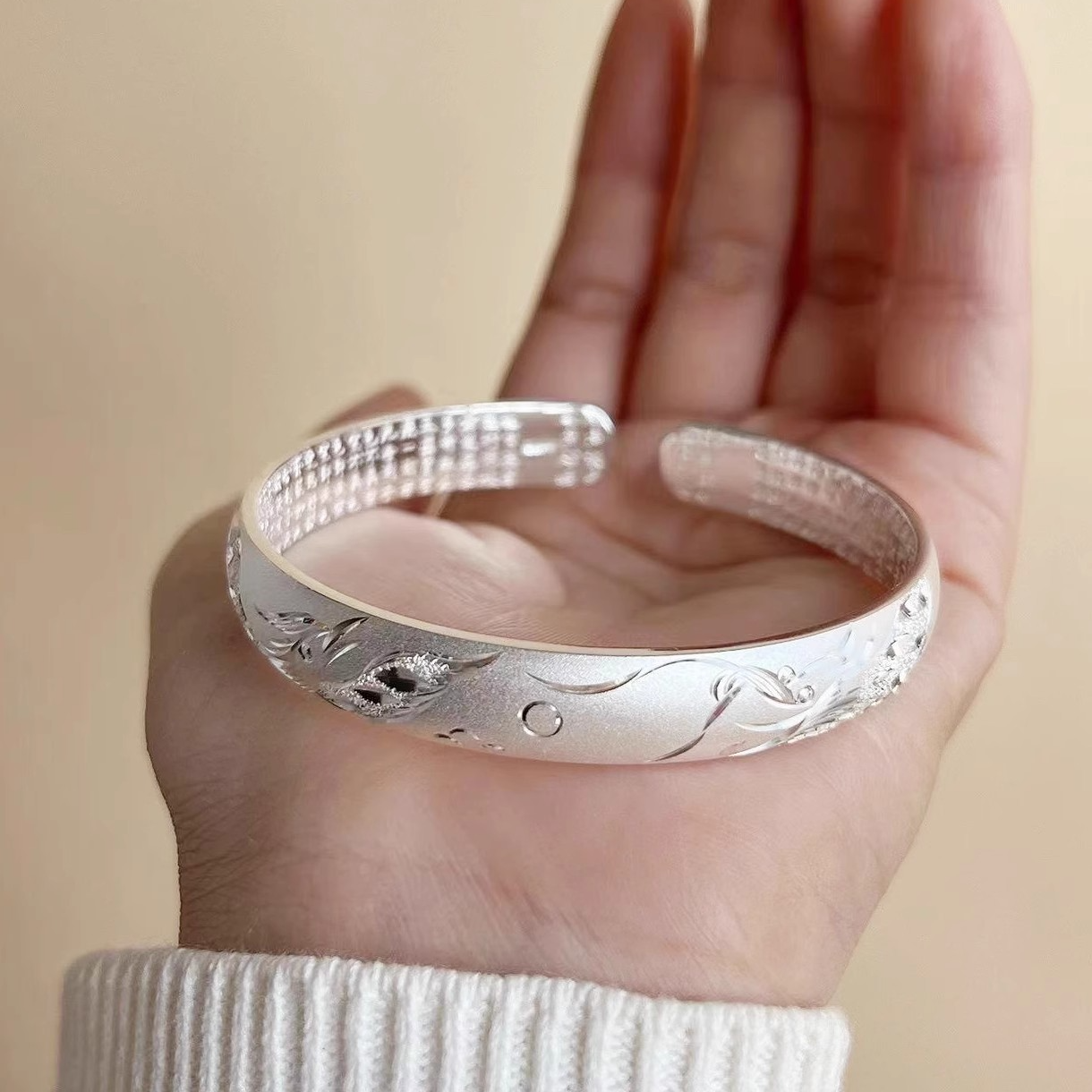 足银手镯 足银999中老年纯银手镯女实心开口心经银镯龙凤妈妈礼物