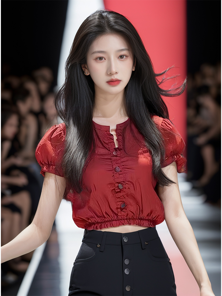 夏季红色短袖衬衫女2025年新款别致漂亮小衫高端精致时尚洋气上衣