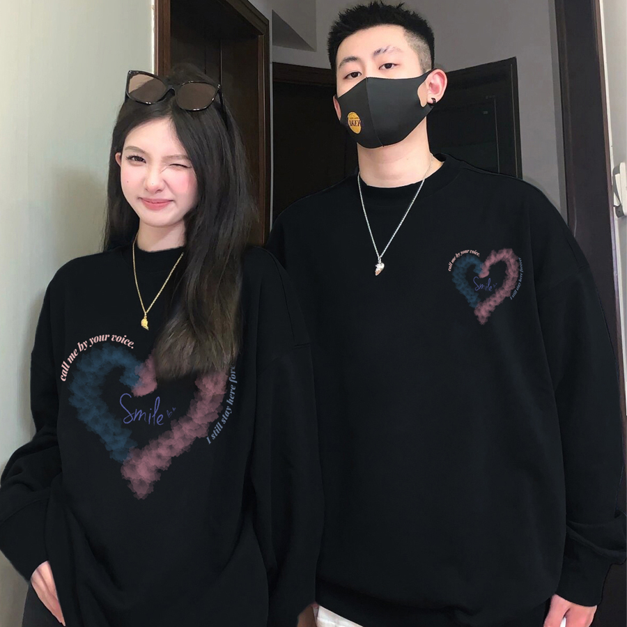 300斤大码不一样爱心印花圆领情侣卫衣春秋新款潮牌高级感上衣ins