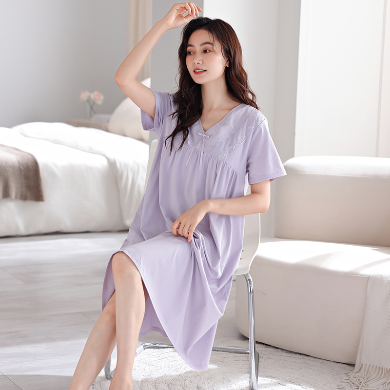 带胸垫女纯棉睡裙夏季宽松薄款中长款过膝休闲纯色短袖家居服裙子