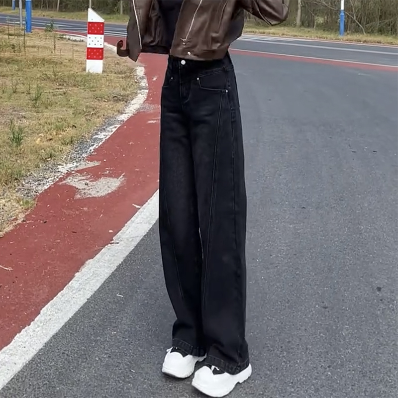 2025秋冬新款黑色牛仔裤女大码显瘦窄版直筒拖地裤遮肉减龄阔腿裤
