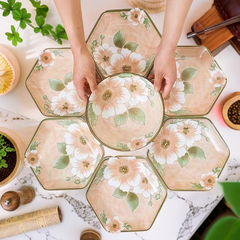 山茶花7件套网红家用陶瓷手绘釉下彩盘碟