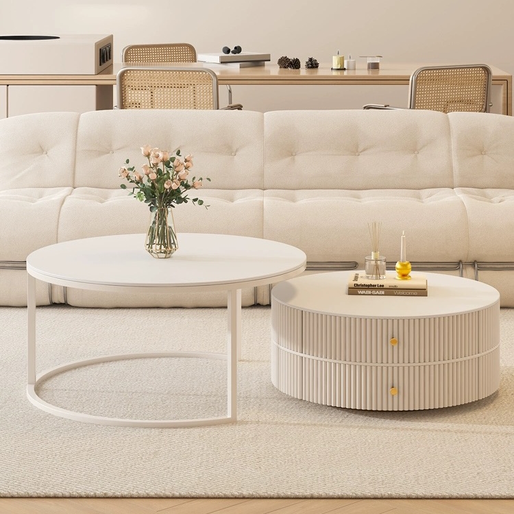 茶几现代极简客厅家用小户型2024新款法式奶油风岩板圆形桌子组合