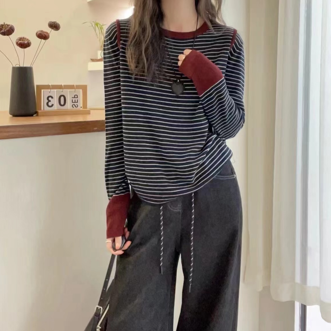 【超细绵羊毛】欧洲站2025春季新款圆领条纹针织衫宽松显瘦打底衫女