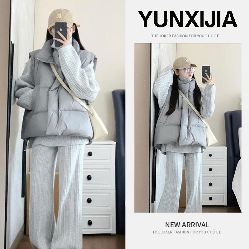 秋冬穿搭一整套2024年新款减龄百搭针织上衣外穿马甲休闲裤三件套