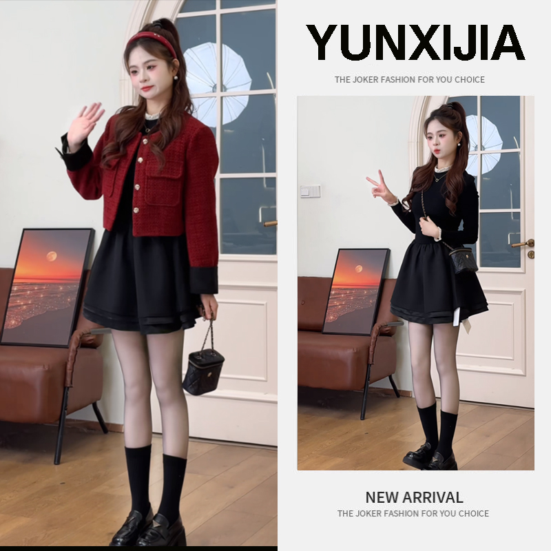 秋冬时尚一整套女装2024新款韩版小香风短款外套显瘦连衣裙两件套