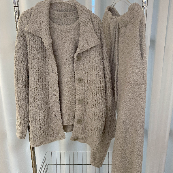 【针织三件套】韩版纯色半边绒睡衣女冬季背心开衫长袖长裤家居服