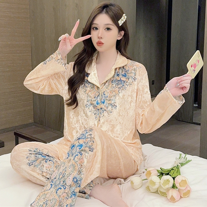 轻奢复古钻石丝绒睡衣女士奢华春秋长袖秋冬季家居服套装高档印花