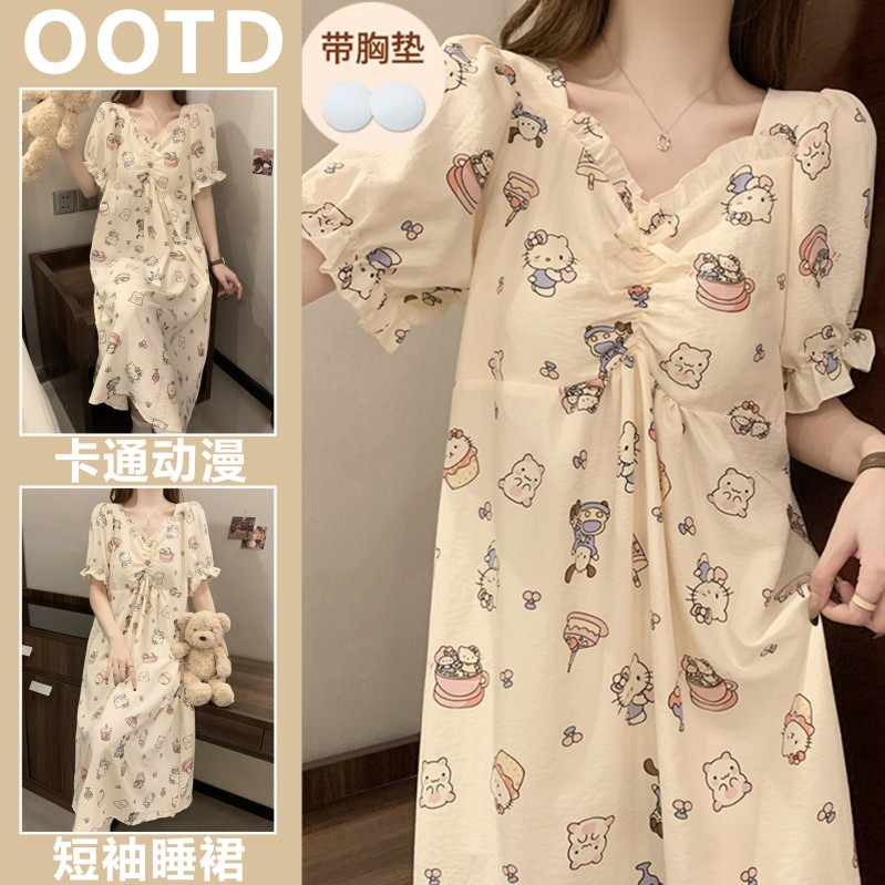 带胸垫甜美睡裙少女夏季新款短袖睡衣公主风卡通可爱家居服可外穿