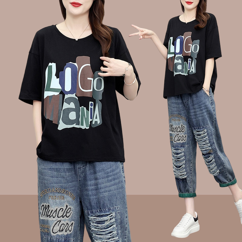 夏季时尚潮牌套装女2025新款爆款洋气短袖七分牛仔裤气质两件套女