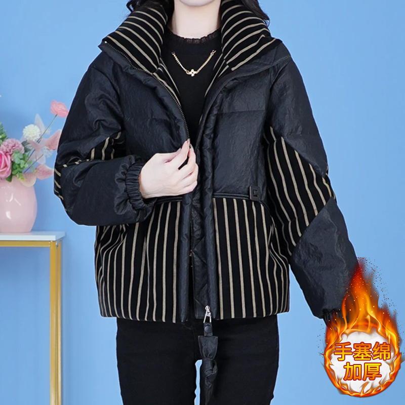 拼接条纹加厚保暖棉服外套女秋冬2025新款洋气时尚宽松棉衣小棉袄