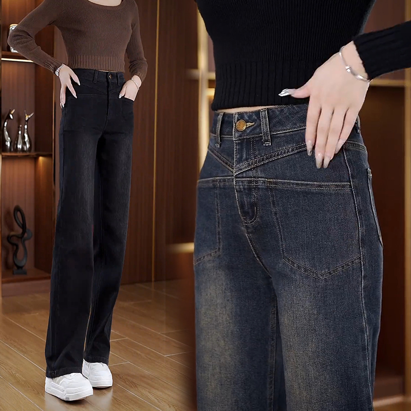 春秋牛仔裤女窄版直筒裤2025秋装新款宽松阔腿裤大码显瘦牛仔裤