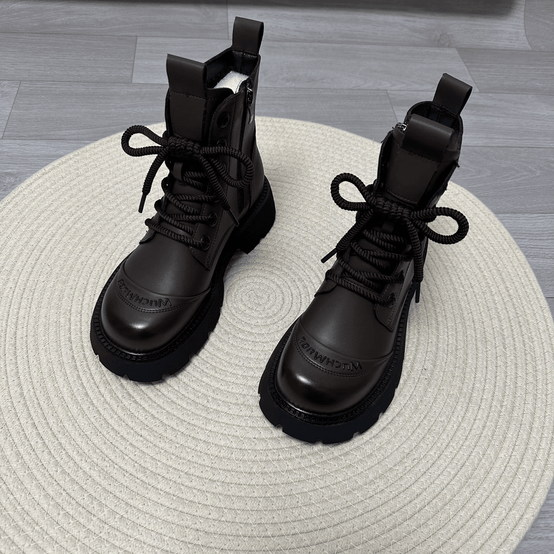 软皮厚底爆款马丁靴女2025秋冬新款轻便不累脚小个子增高气质短靴