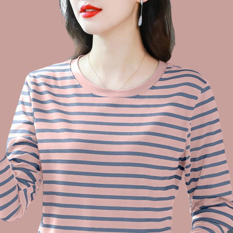 2023秋装新款洋气宽松休闲中老年妈妈条纹T恤长袖女士打底衫上衣