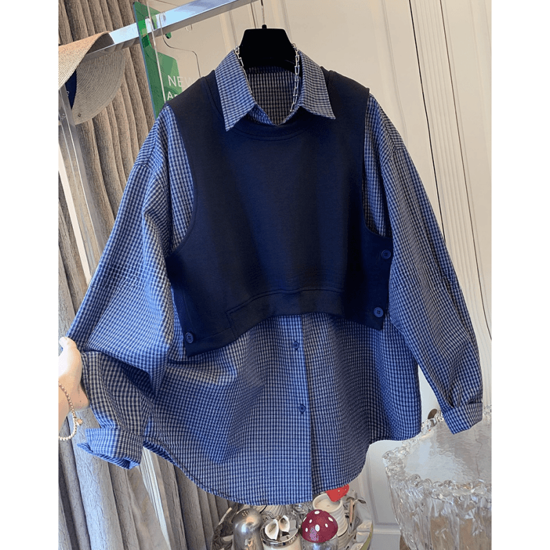 超好看气质复古格子衬衫马甲背心两件套装宽松上衣女卫衣2024秋新