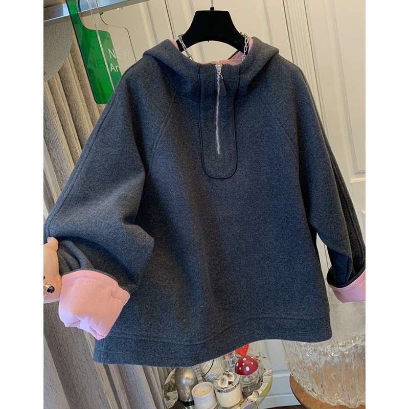 独特超好看美式撞色连帽半拉链卫衣宽松休闲大码上衣女2024冬新款