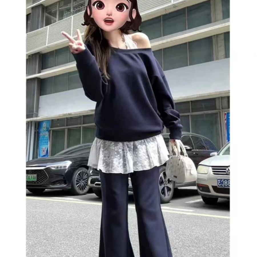 大码早秋设计感斜肩一字肩蕾丝打底套头卫衣宽松显瘦件套