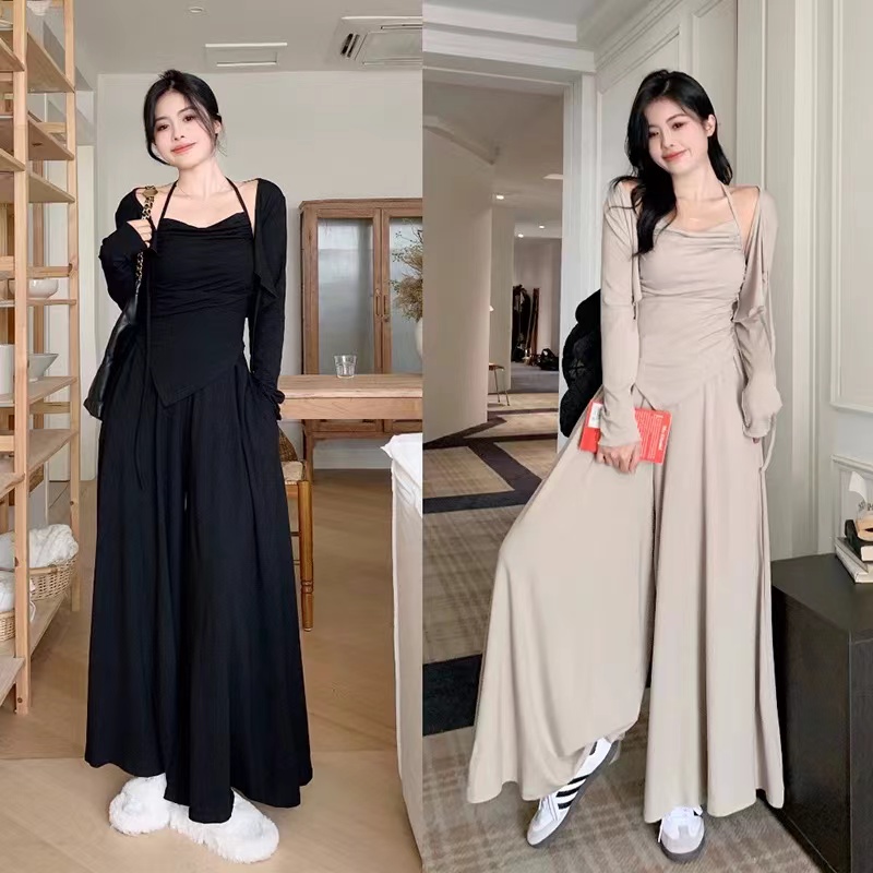 大码胖mm慵懒不规则吊带防晒开衫阔腿裤垂感显瘦藏肉加宽三件套