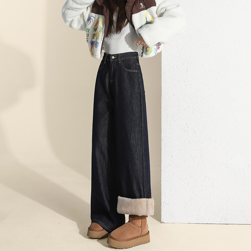 丹宁深蓝加绒加厚阔腿牛仔裤女宽松2025年新款秋冬高腰直筒拖地裤
