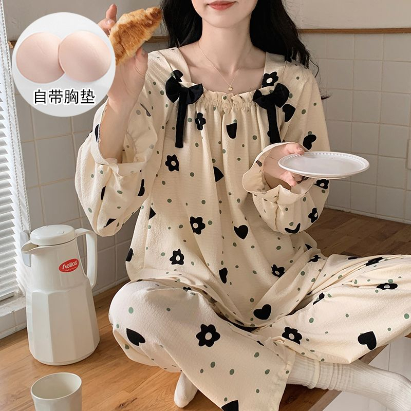 带胸垫睡衣女春秋公主风爱心花朵长袖套装秋季女款家居服可外穿