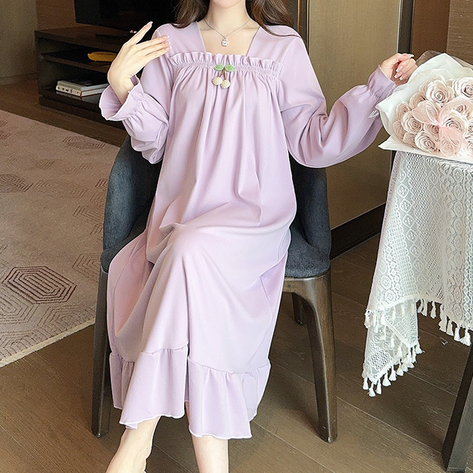 德绒紫色公主风睡裙女款春秋冬季甜美胖mm宽松大码孕妇家居服睡衣