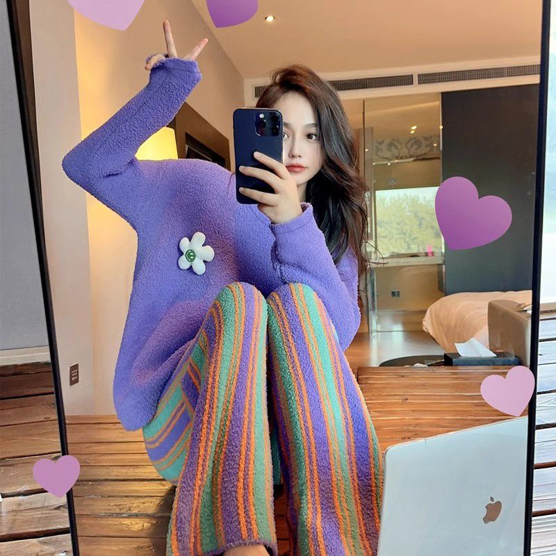 甜美睡衣女秋冬季保暖软绵绵加厚加绒珊瑚绒少女士睡衣家居服套装