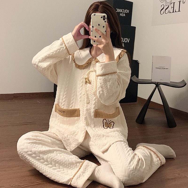 睡衣秋冬季女款2024新款空气棉夹棉长袖大码胖mm冬天加厚夹层套装