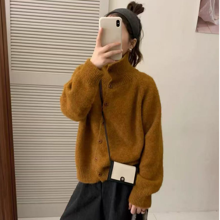 韩系复古立领高领毛衣外套女春秋软糯糯上衣外穿宽松慵懒针织开衫