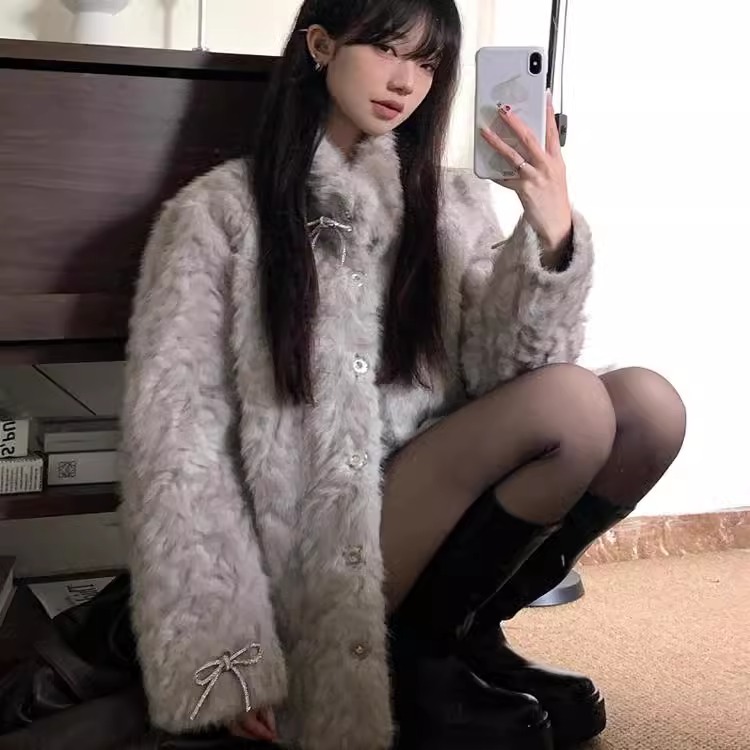 2024新款立领染尖毛毛外套冬季中长款保暖时尚毛毛大衣月影少女