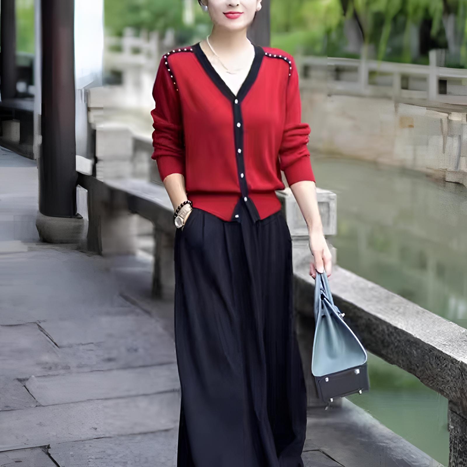 复古国风气质V领钉珠针织衫女开衫宽松显瘦垂感半身裙洋气春秋冬