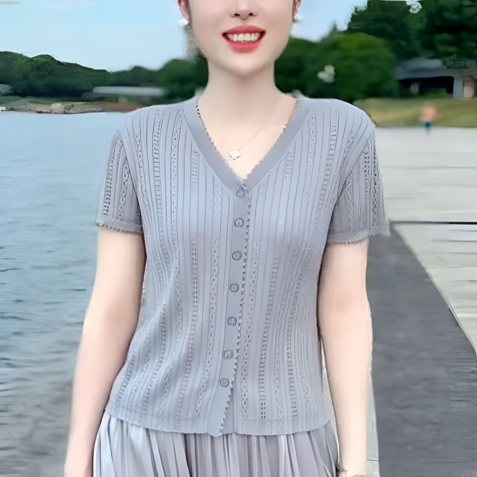 夏薄款镂空V领针织衫女开衫短袖冰丝宽松显瘦气质短款上衣T恤时尚