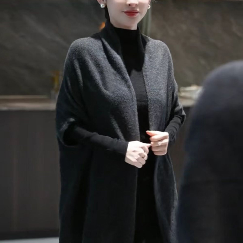 蝙蝠袖立领披肩外套女中长款针织衫开衫宽松气质休闲秋冬上衣X83