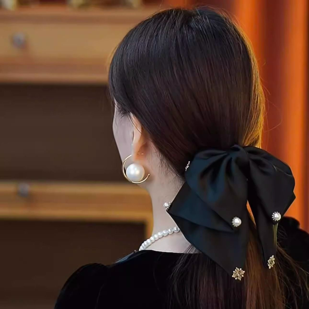 大蝴蝶结飘带发夹女高级感后脑勺头饰发饰黑色马尾夹气质百搭发卡