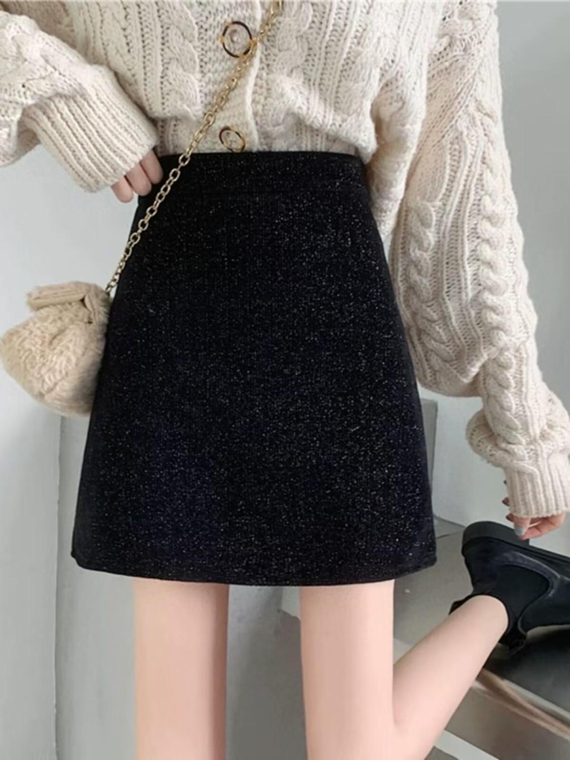 [璀璨星河]秋冬高腰半身裙女黑色亮丝气质开叉中长小香风包臀短裙