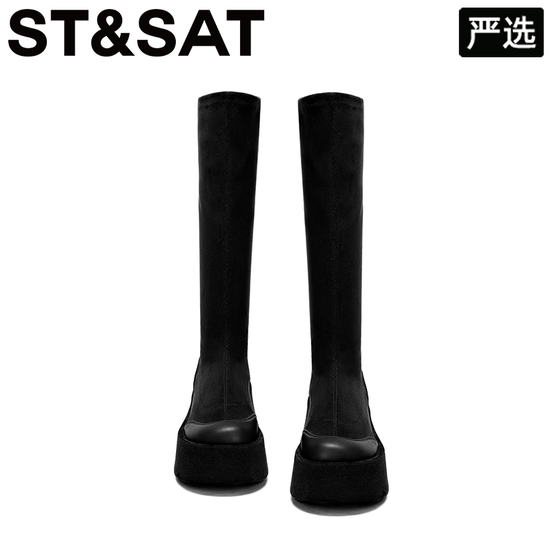 星期六厚底坡跟长筒靴女2025冬季新款小个子增高复古百搭瘦瘦靴女