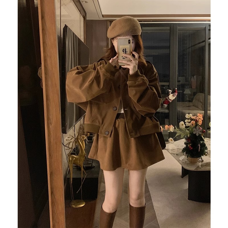 微胖妹妹大码气质夹克外套半身裙两件套女秋冬显瘦高级感别致套装