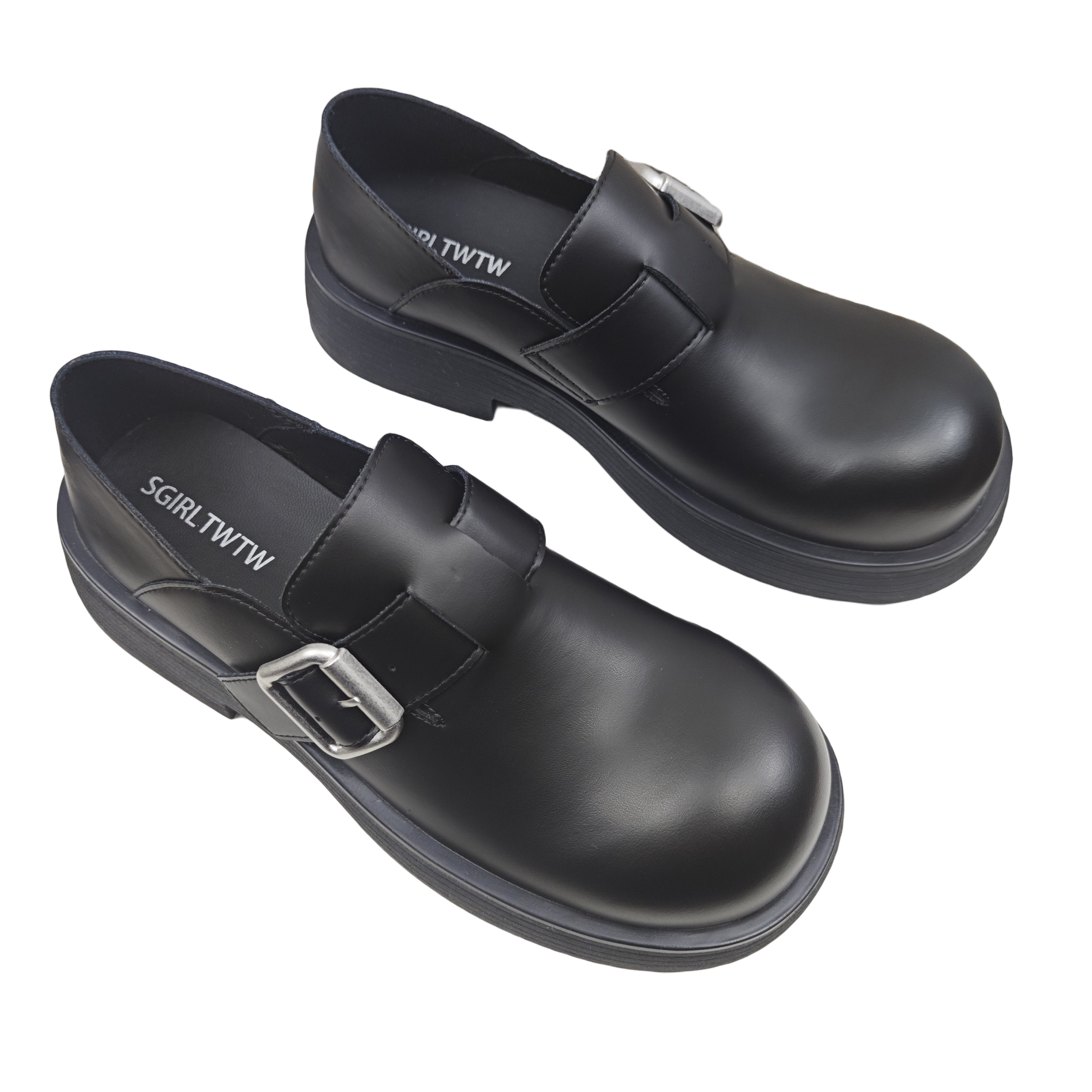 SGIRL TWTW复古学生一字扣勃肯鞋女2024圆头黑色小皮鞋懒人鞋百搭