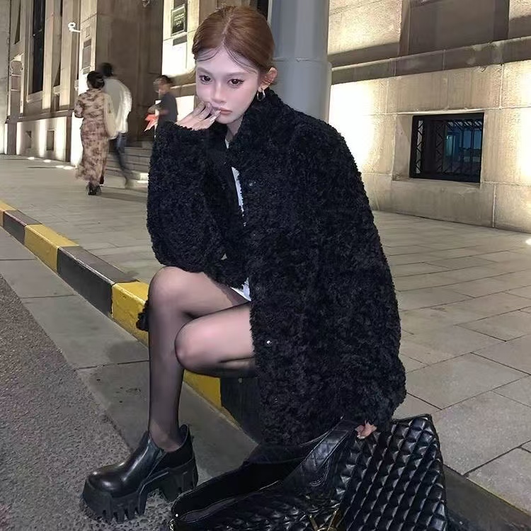 富人区2.0 环保皮毛一体毛毛外套女冬立领加厚宽松中长款毛绒大衣