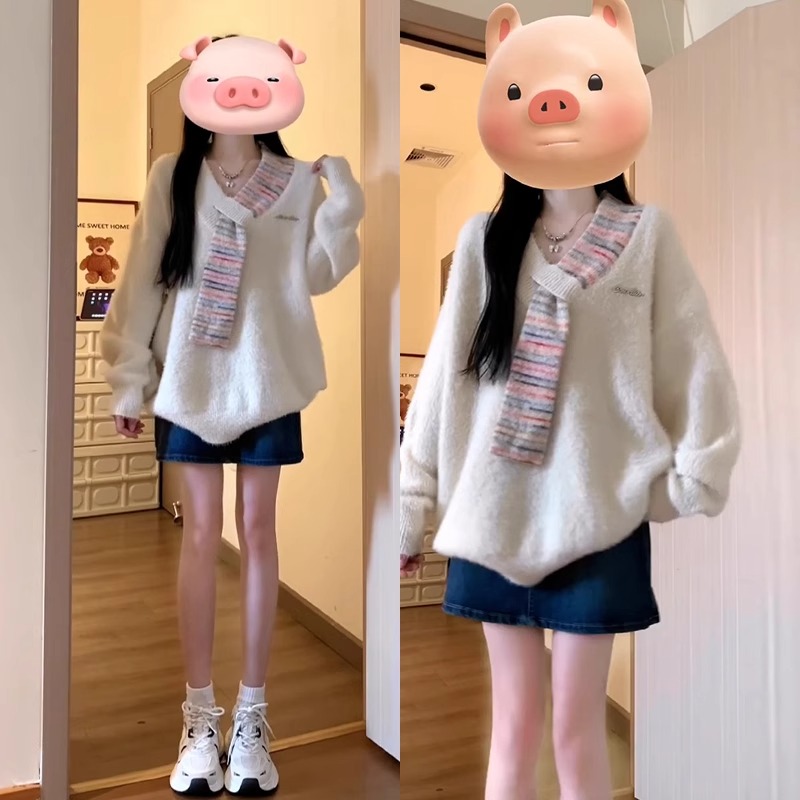 【帝韵】韩系围脖针织毛衣女秋冬新款V领宽松百搭温柔甜美穿搭上衣