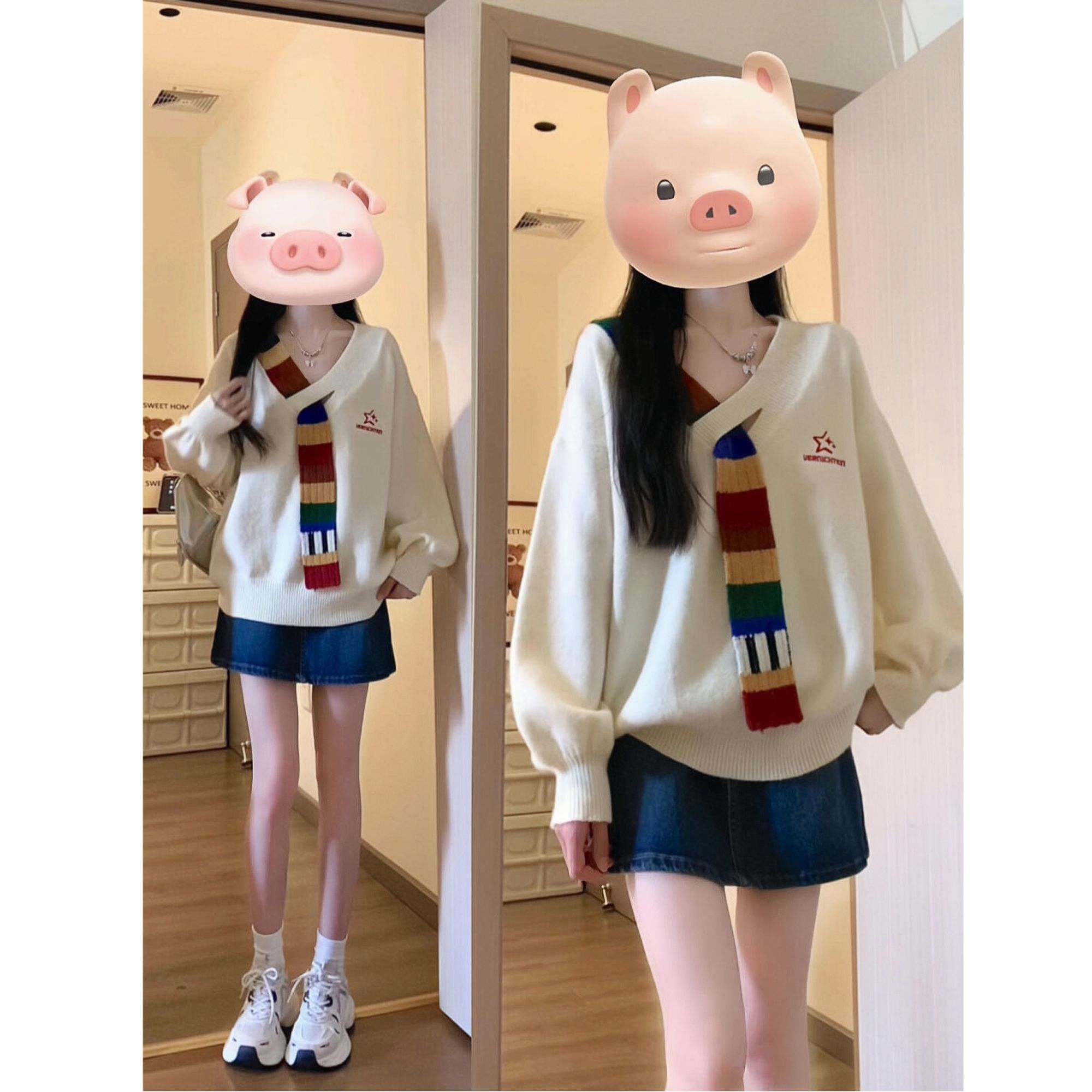 【帝韵】2024新款彩虹撞色拼接毛衣休闲温柔韩系设计感秋季宽松上衣