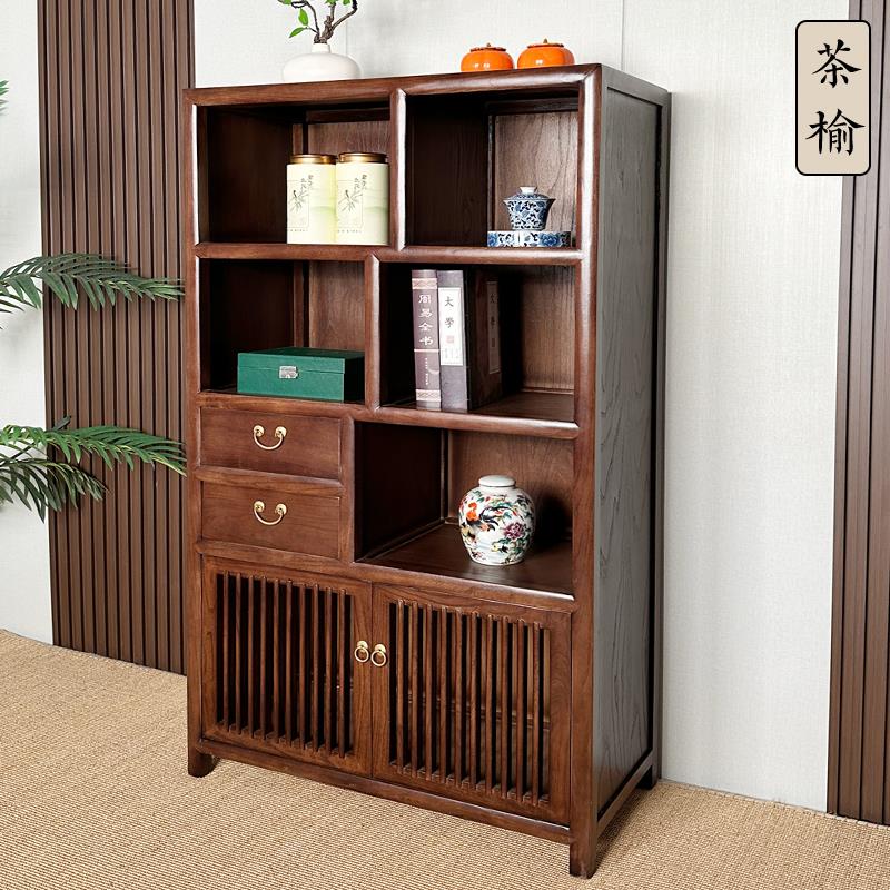 老榆木新中式家具小多宝阁禅意收纳柜胡桃色茶叶柜实木客厅餐边柜