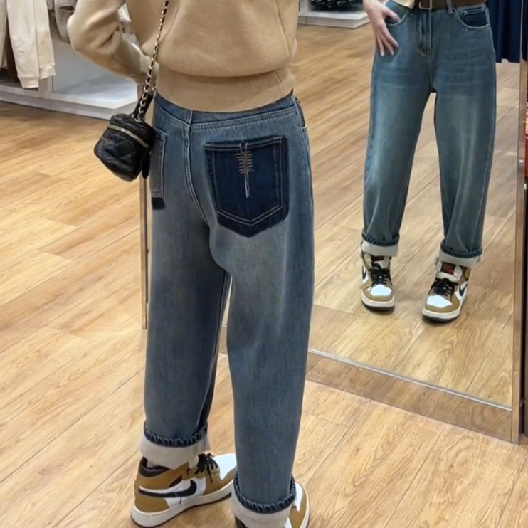 大码女装高腰九分牛仔裤春款宽松休闲直筒裤显瘦老爹哈伦阔腿裤