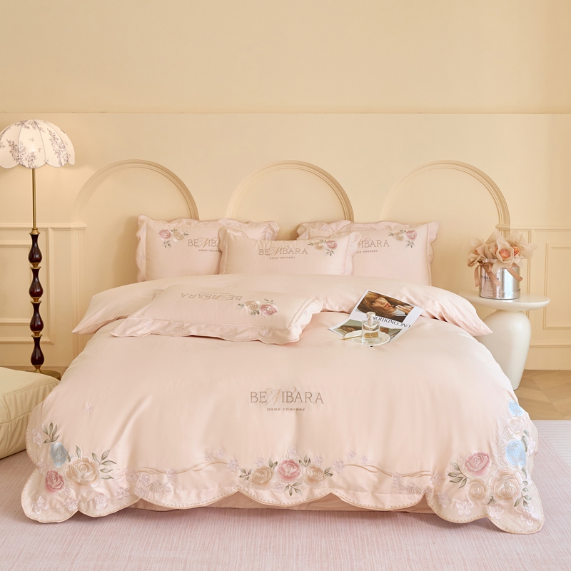 轻奢全棉床上四件套纯棉刺绣粉色被套刺绣可爱婚庆陪嫁床品四季款