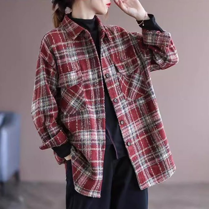 拼色格子衬衫女春秋加厚上衣2025春装新款女装宽松百搭磨毛衬衣潮